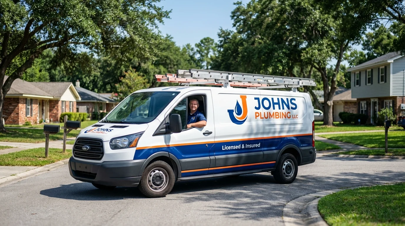 Johns Plumbing LLC service van in Groveland, MA