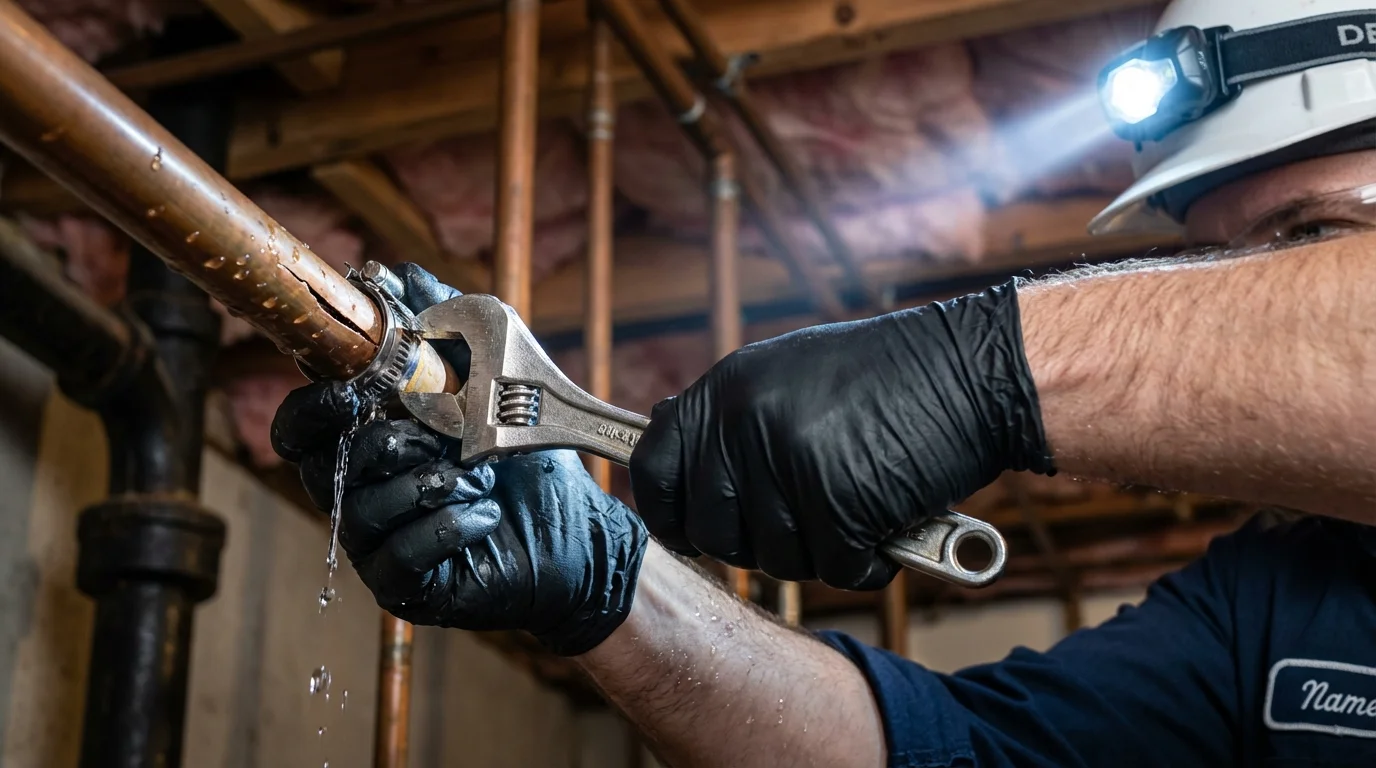 Emergency pipe clamp repair being performed by a Johns Plumbing LLC plumber in Groveland