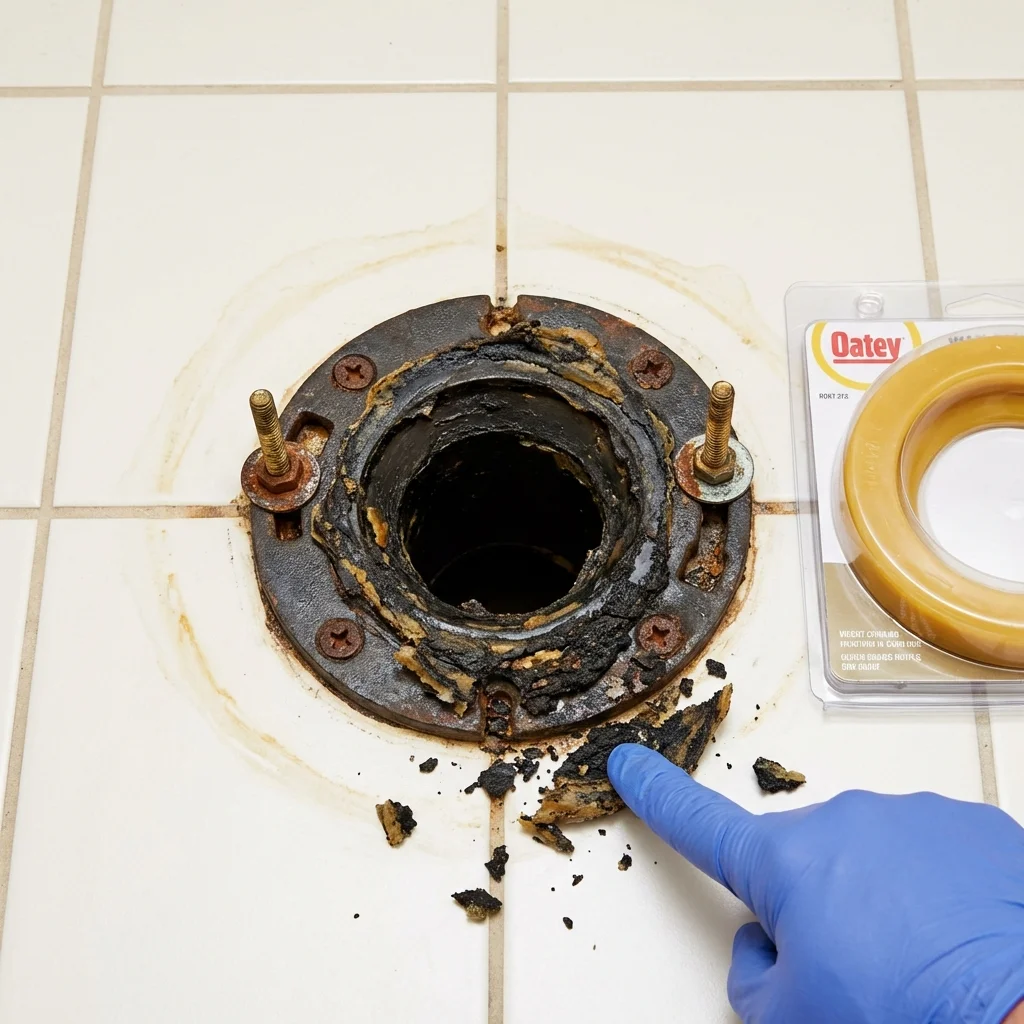 Failed wax ring showing water seepage at the base of a toilet in a Groveland, MA home
