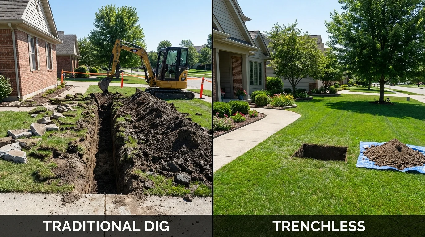 Trenchless sewer repair with minimal yard damage versus traditional excavation in Groveland, MA