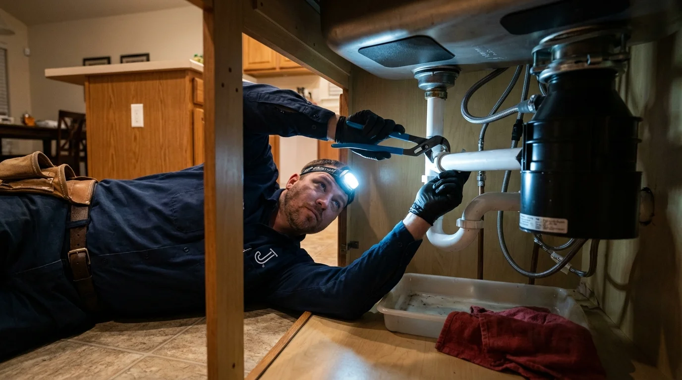 P-trap and supply line connections under a kitchen sink showing a common leak point in Groveland, MA